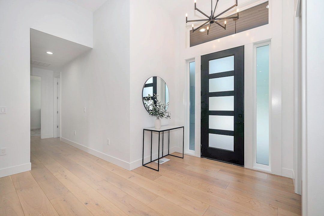 Artwork displayed opposite a modern home entrance