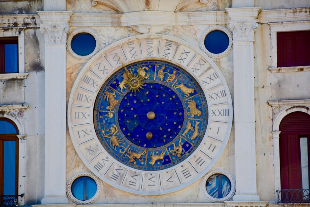 Astronomical zodiac clock representing life cycles and planetary timing