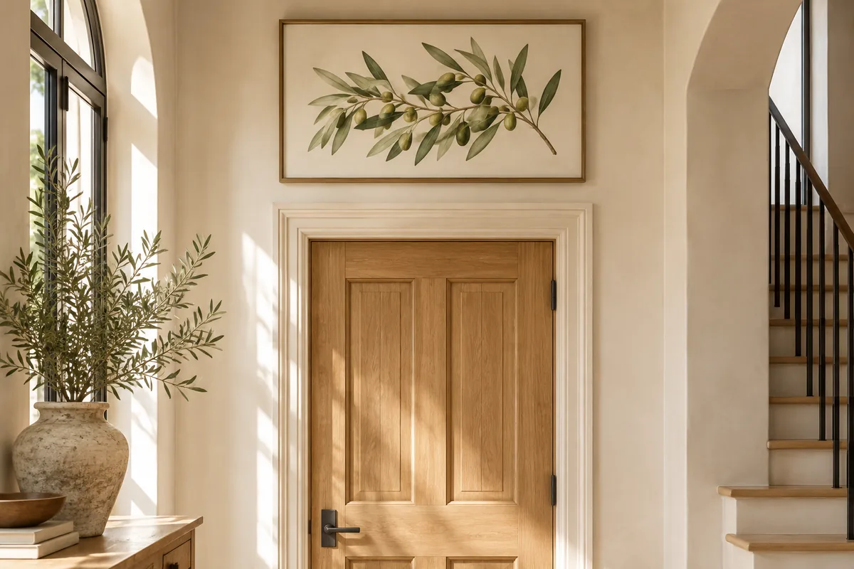 Botanical artwork above a light wooden doorway