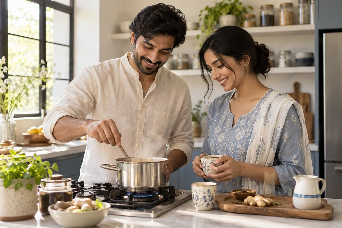 Couple preparing tea together in a bright kitchen
