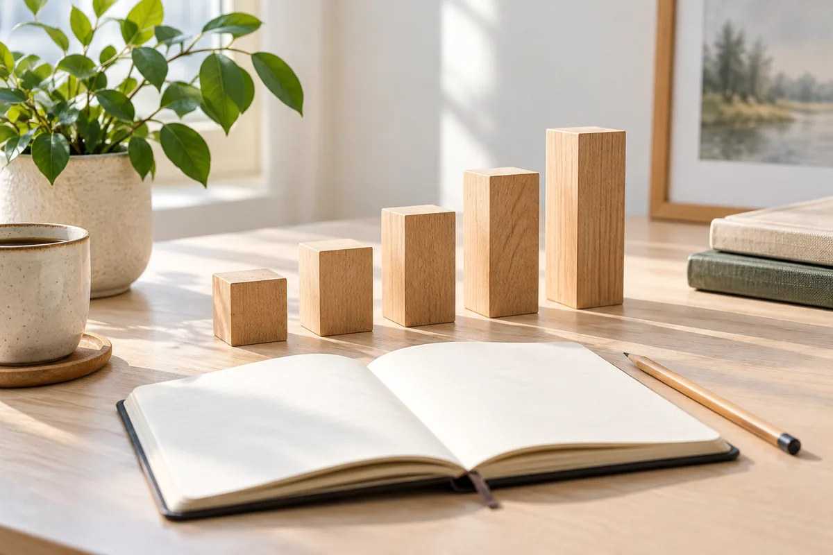 Wooden blocks and notebook for business planning