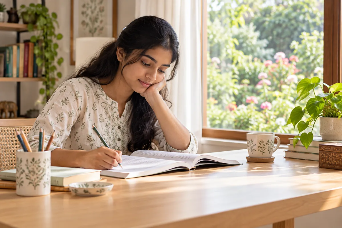 Student reading at an uncluttered sunlit desk
