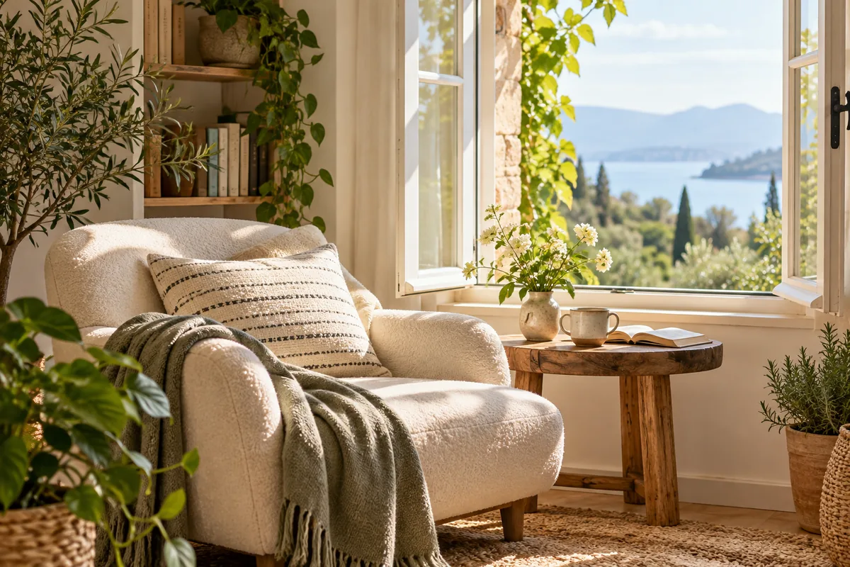 Comfortable reading nook with plants and an open window