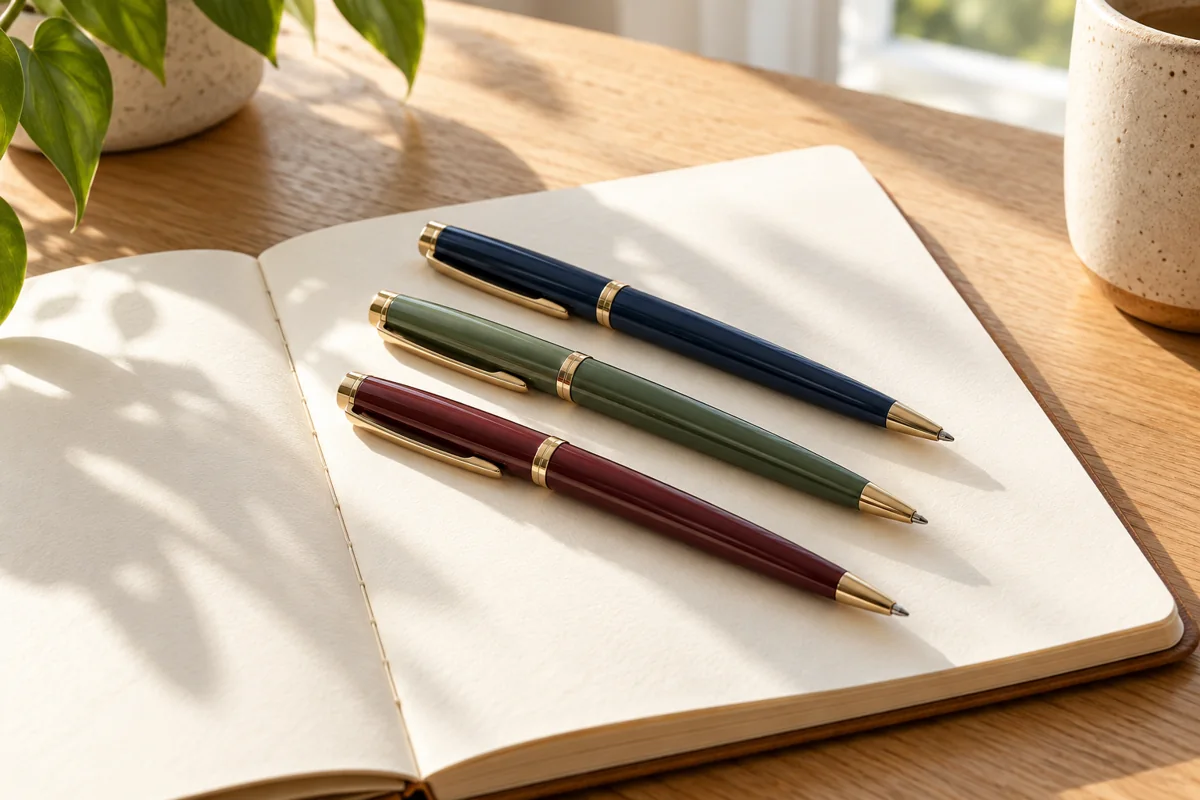 Navy, sage and burgundy pens on a blank cream notebook.