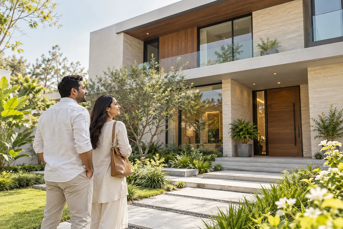 Couple viewing a contemporary home's exterior