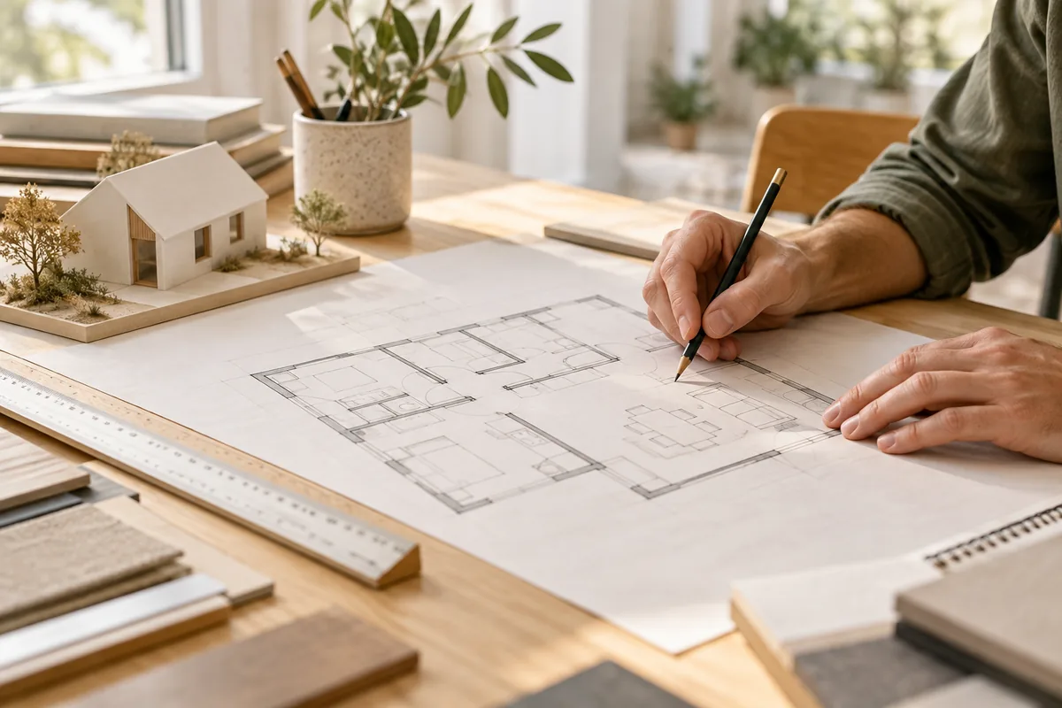 Architect examining a home layout and model