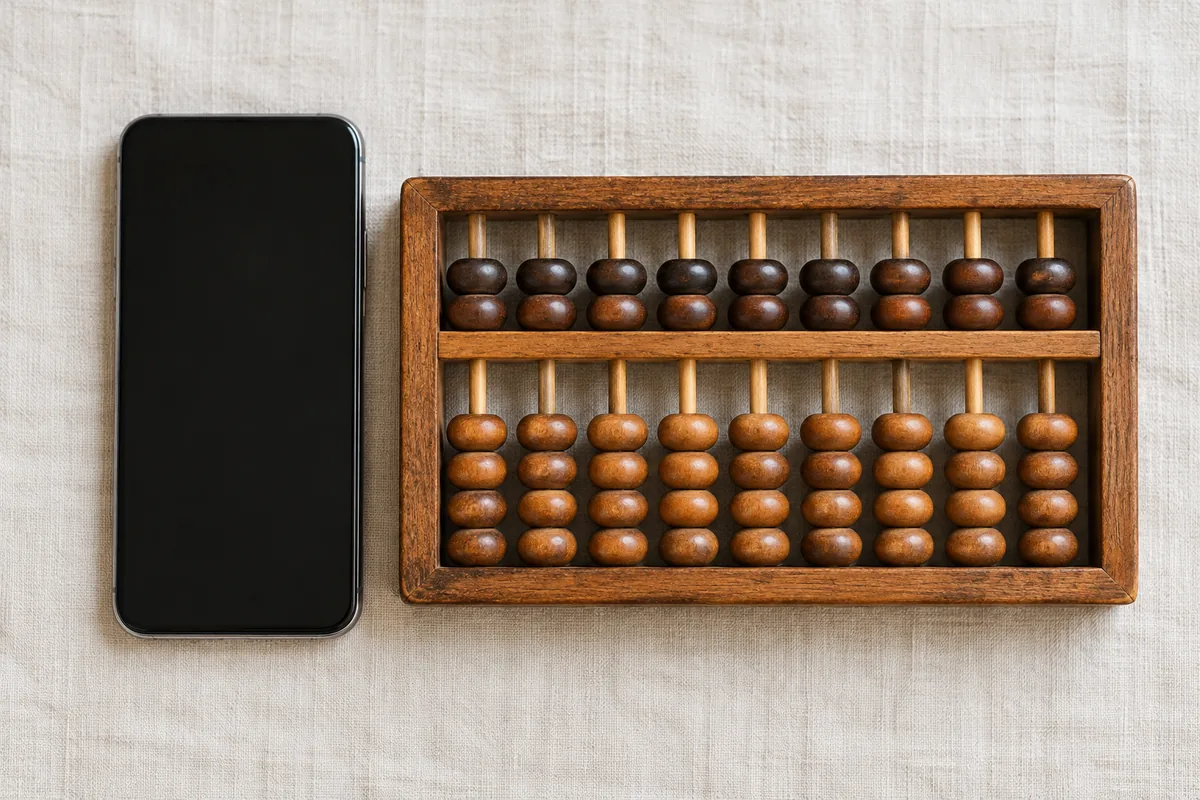 Smartphone and wooden counting frame on pale linen
