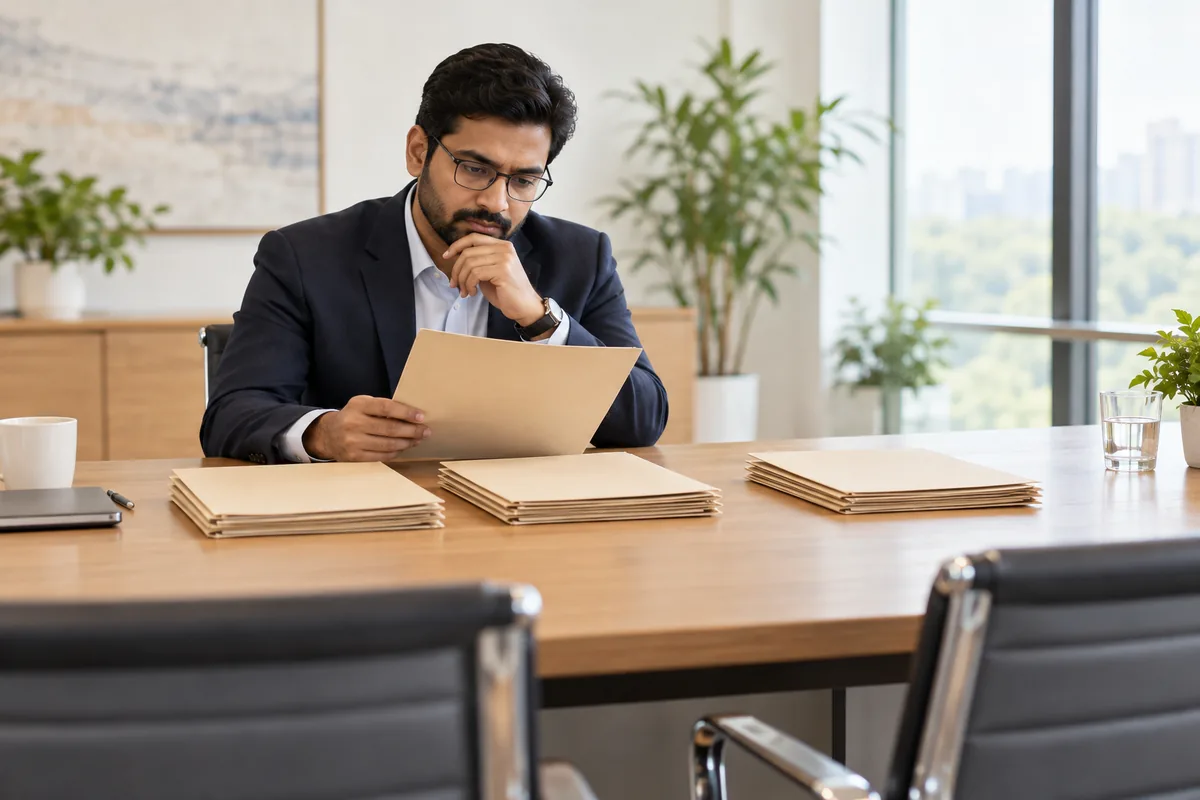 Hiring manager reviewing folders at a bright meeting table