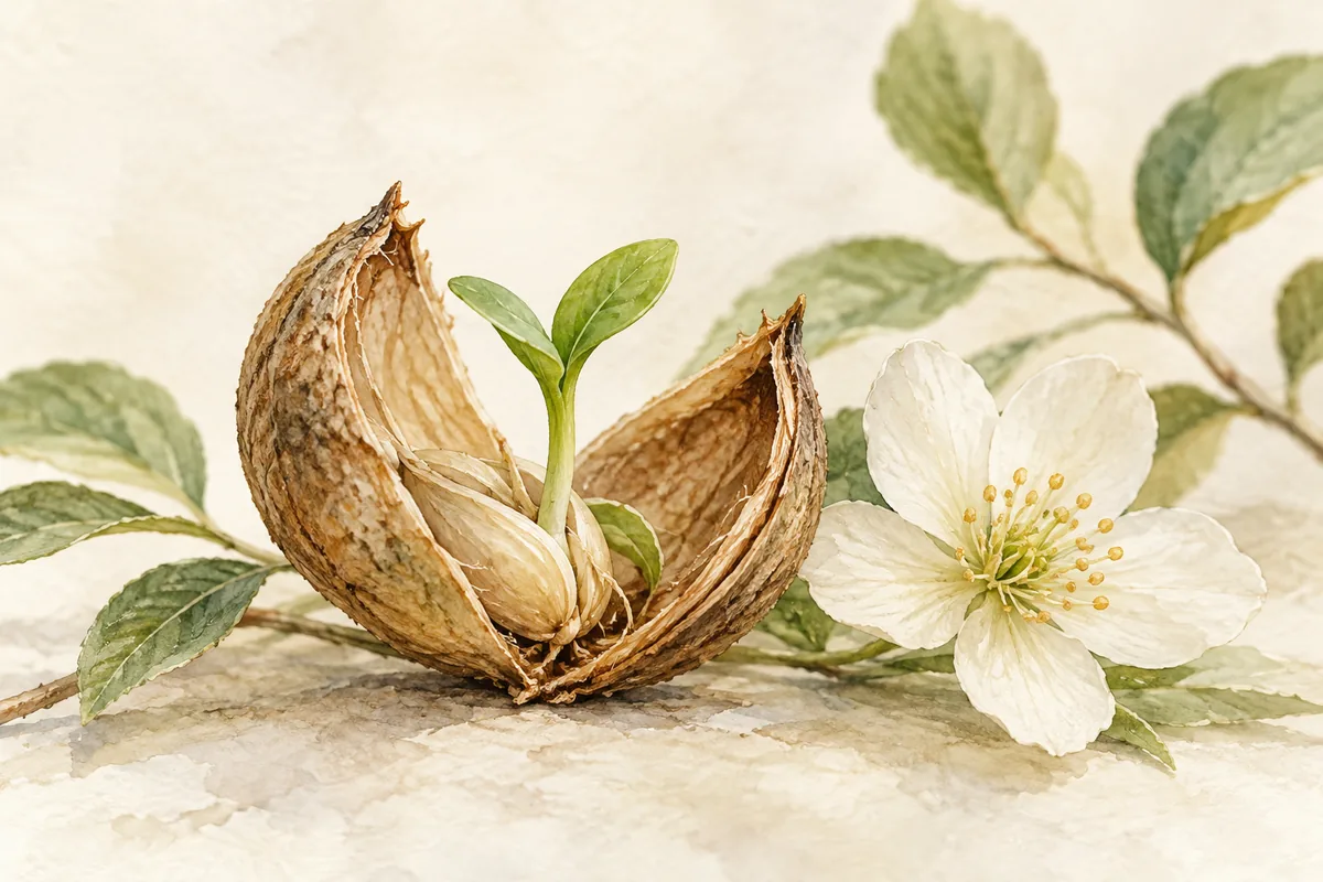 Seed pod and new sprout in gentle watercolor