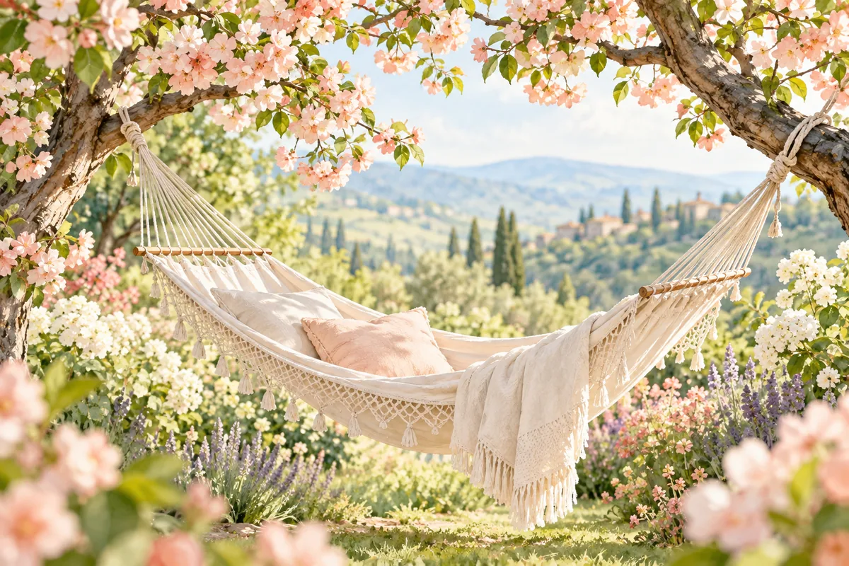Watercolor hammock beneath flowering branches