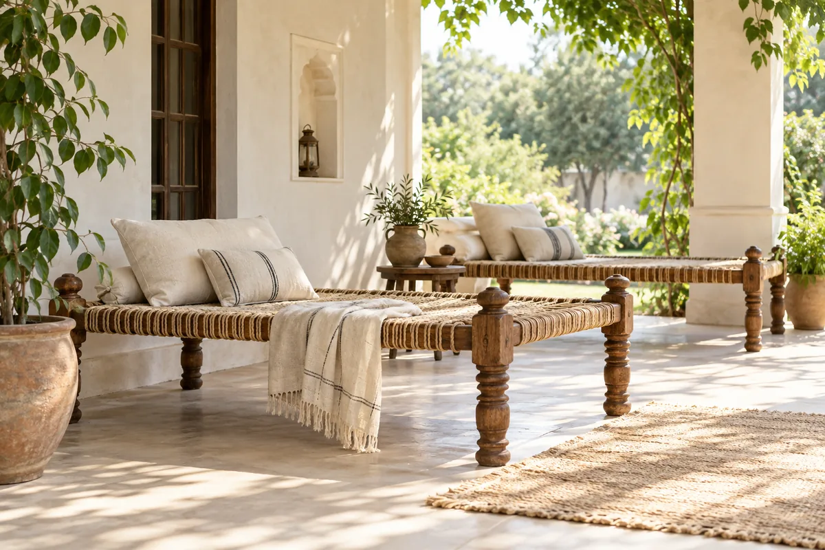 Two wooden charpais on a pale veranda