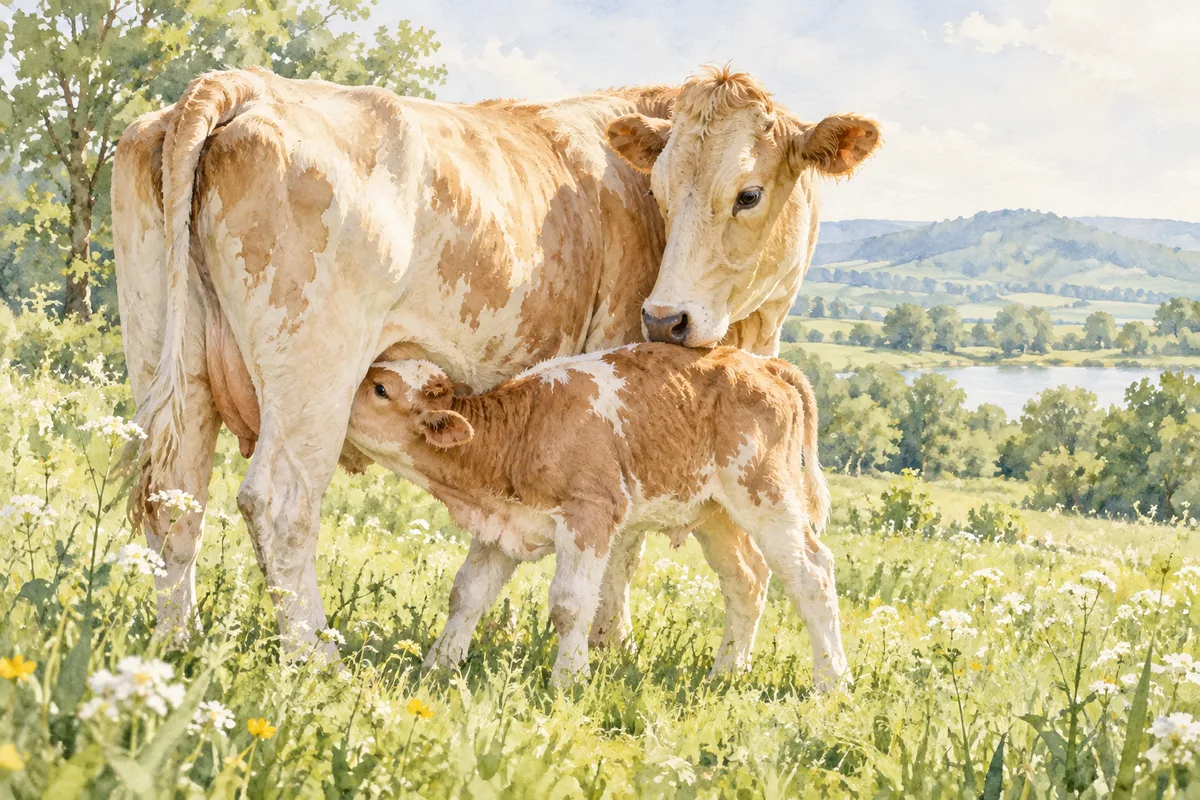 Watercolor cow and calf in a light meadow