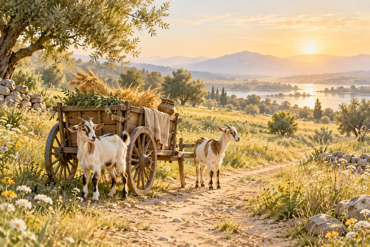 Watercolor meadow path with goats and a wooden cart