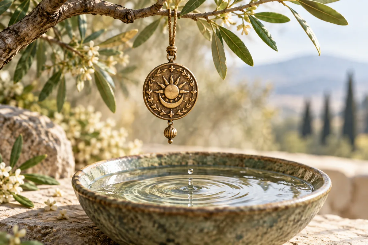 Watercolor amulet above a clear water bowl