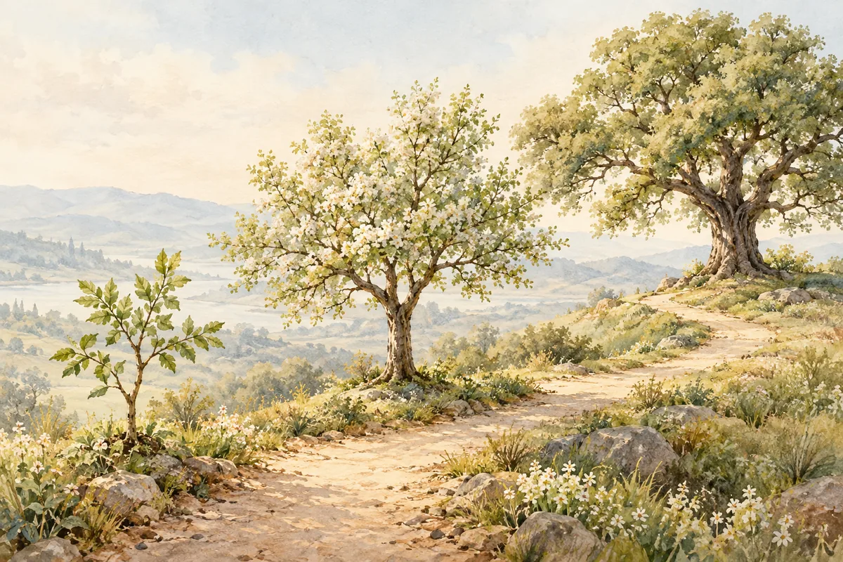 Three trees marking stages along a watercolor path