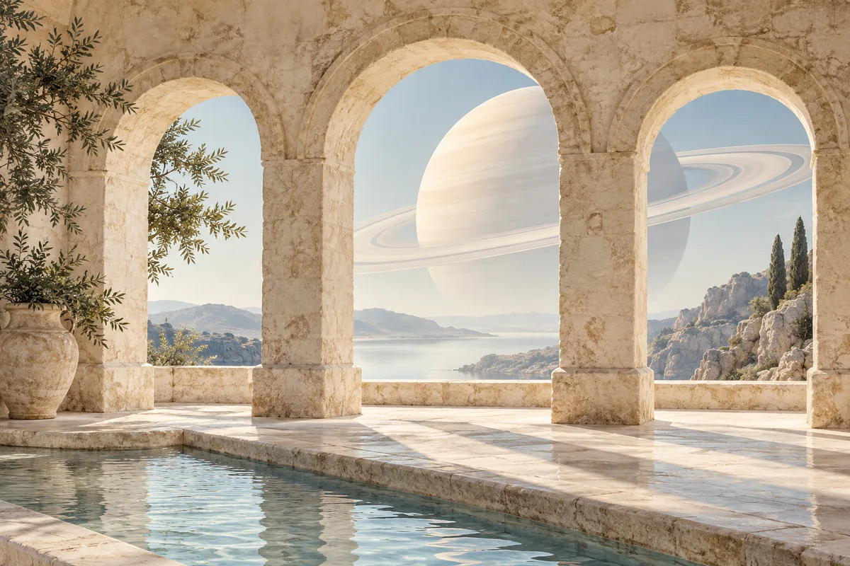 Watercolor Saturn and three stone archways beside water