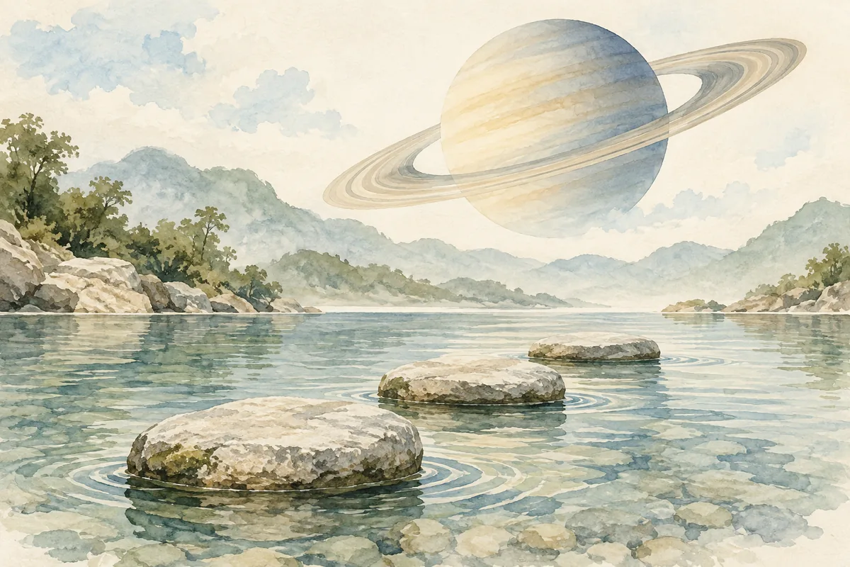 Watercolor Saturn above three stepping stones