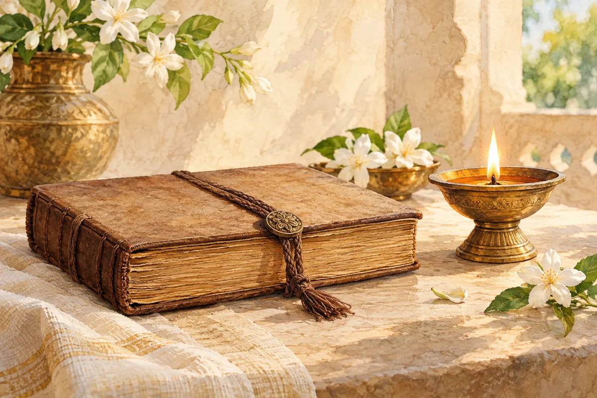 Watercolor manuscript, lamp and white flowers