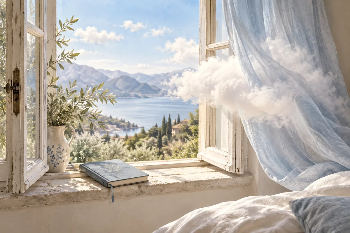 Watercolor dream journal and a cloud at an open window