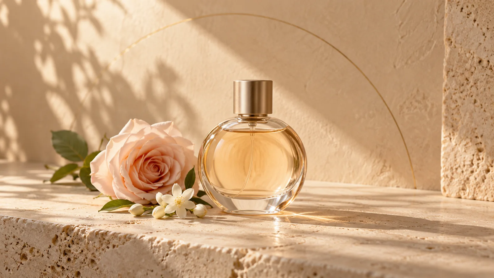 Glass perfume bottle with a blush rose and jasmine on warm beige stone