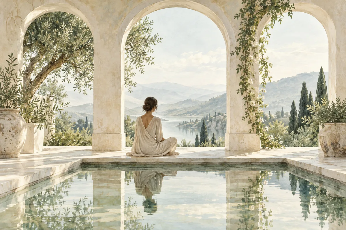 Watercolor seated figure reflected in a still pool