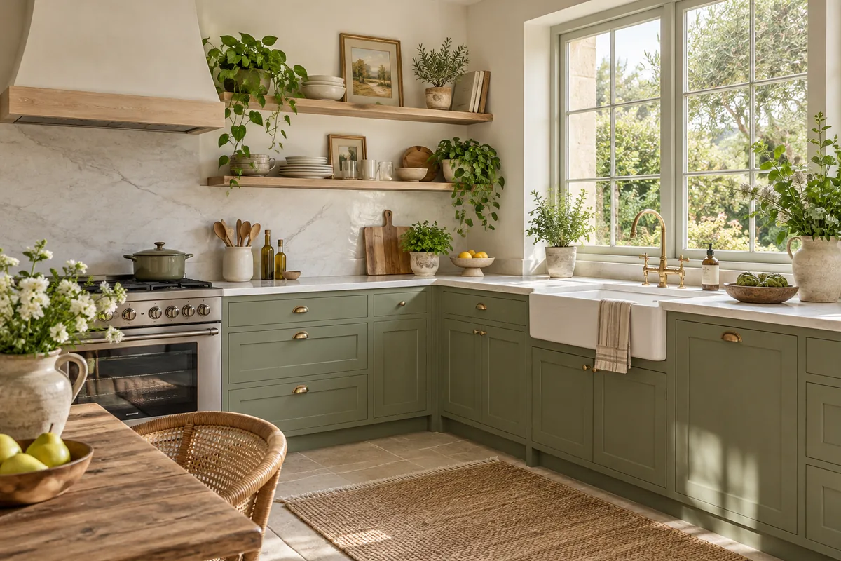 Corner kitchen with sage cabinets and pale stone counters