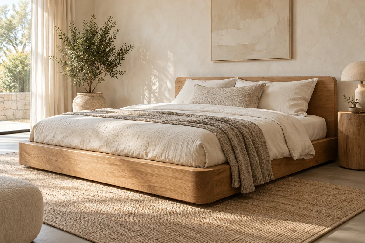 Light oak bed frame with simple rounded corners