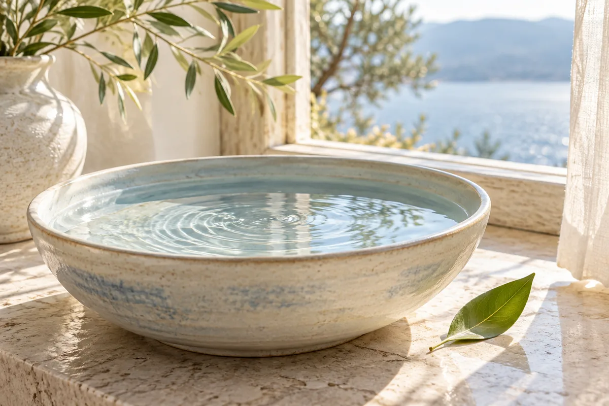 Water bowl with soft ripples beside a bright window