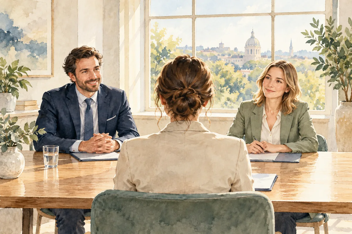 Watercolor illustration of a corporate interview discussion