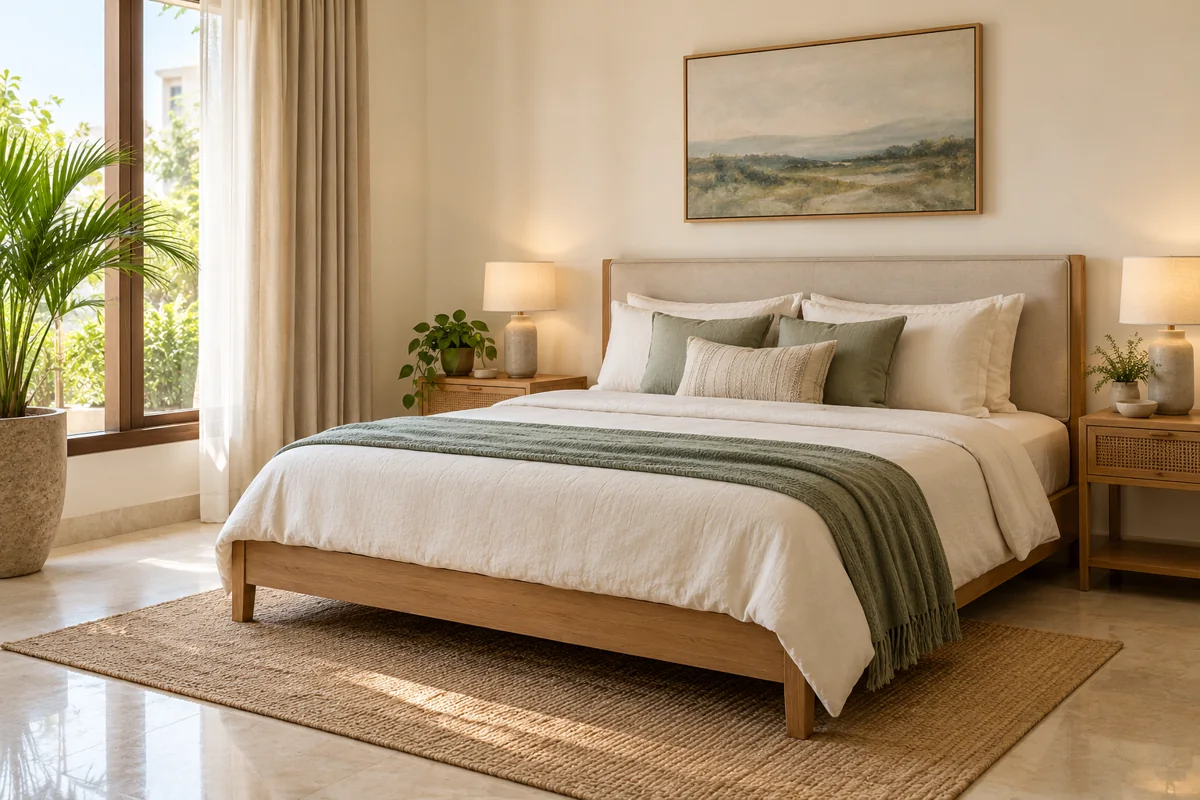 A calm bedroom with a light wooden bed, ivory bedding and soft daylight.