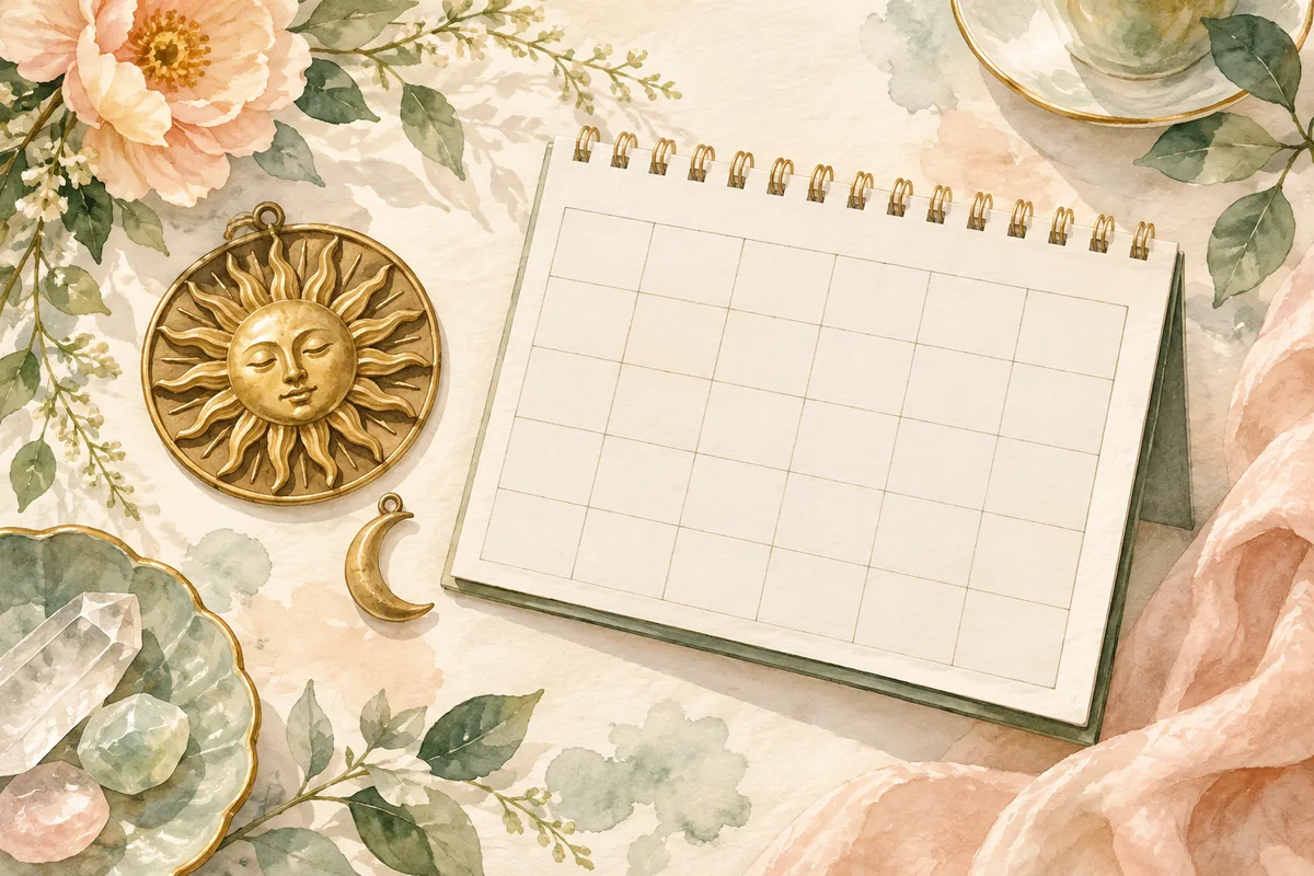 Watercolor calendar with sun and crescent motifs on an ivory background