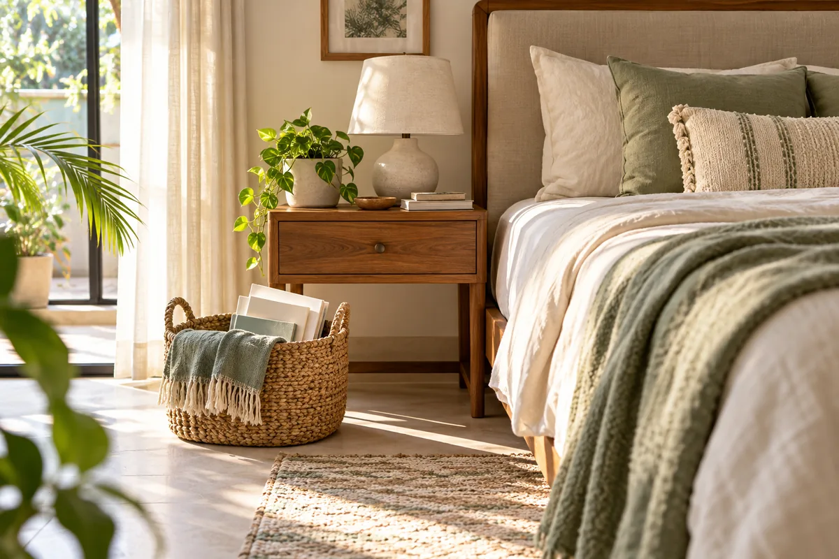 Light bedroom with organised bedside storage and clear surfaces