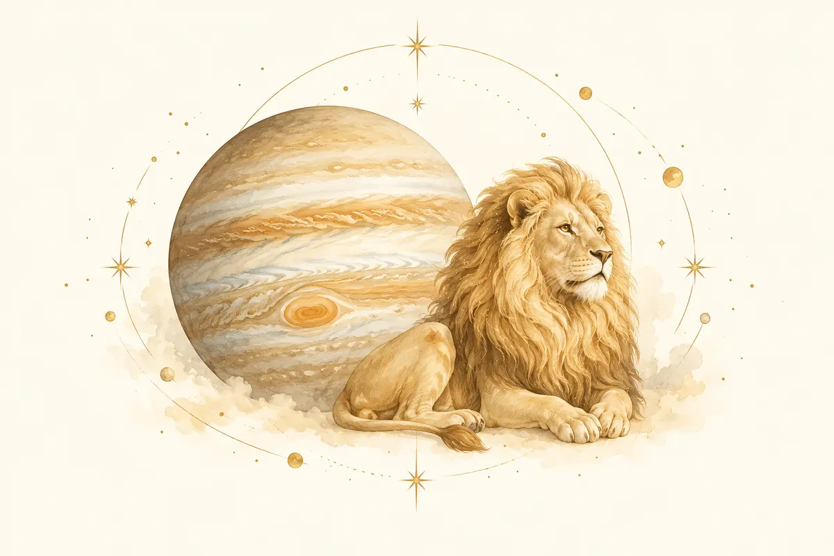 Jupiter and a golden lion representing the transit into Leo