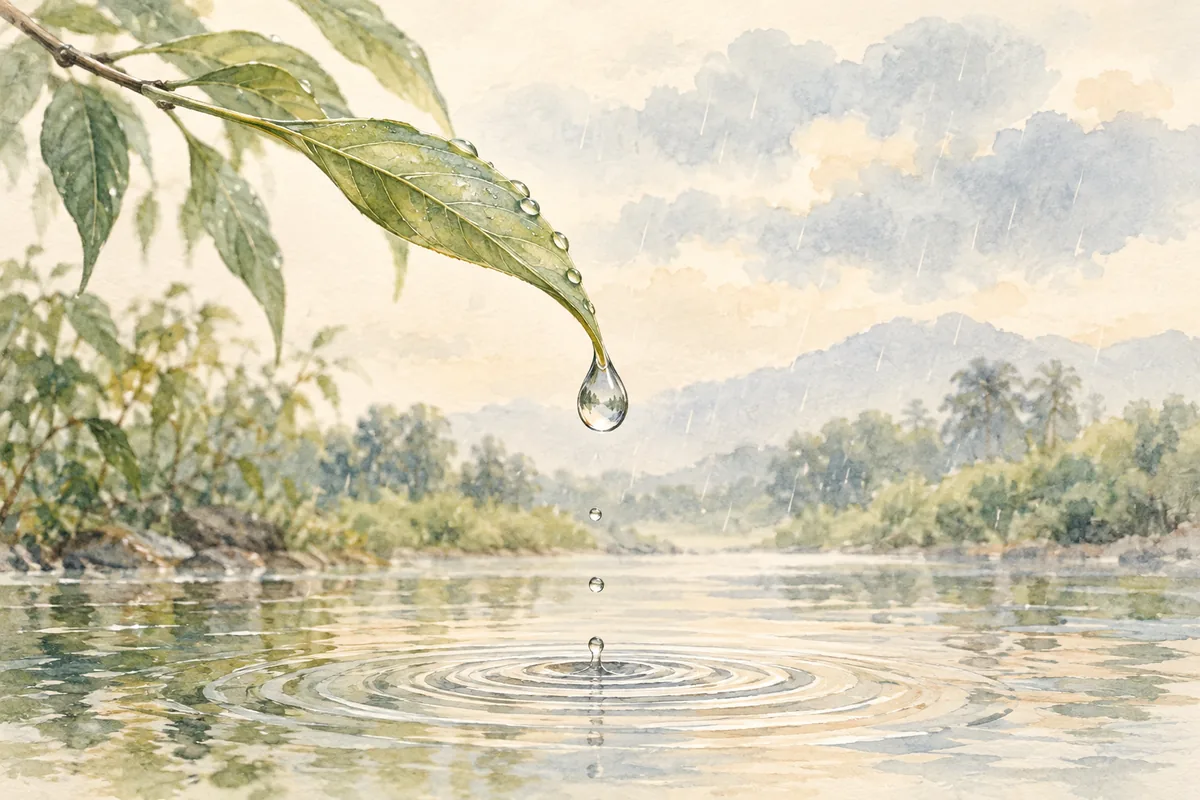 Watercolor raindrop on a leaf after gentle rain