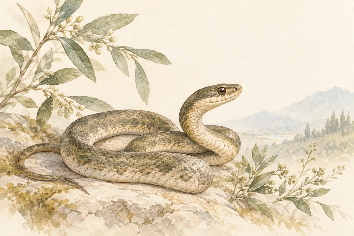 Natural history watercolor of a calm coiled serpent