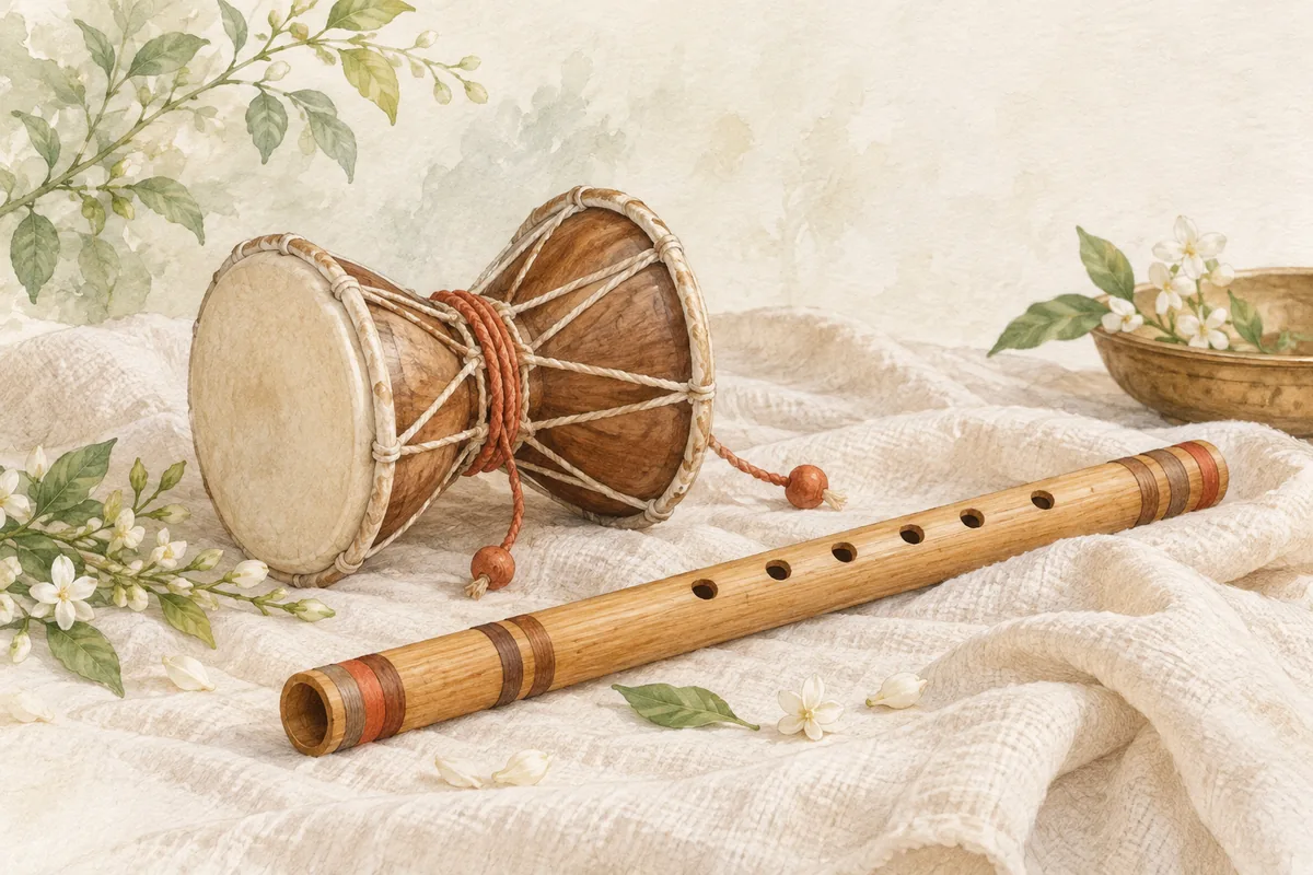 Traditional damaru and bamboo flute in watercolor