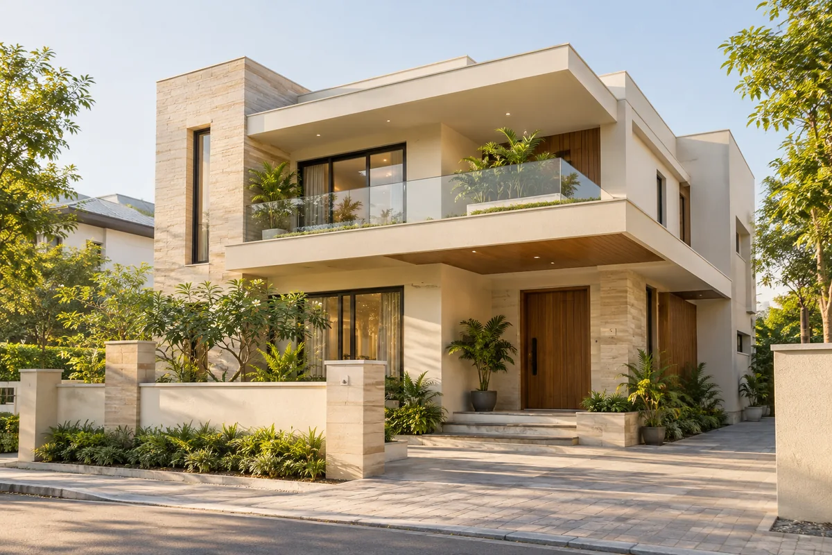 A contemporary two-storey Indian home with ivory walls and modest greenery.