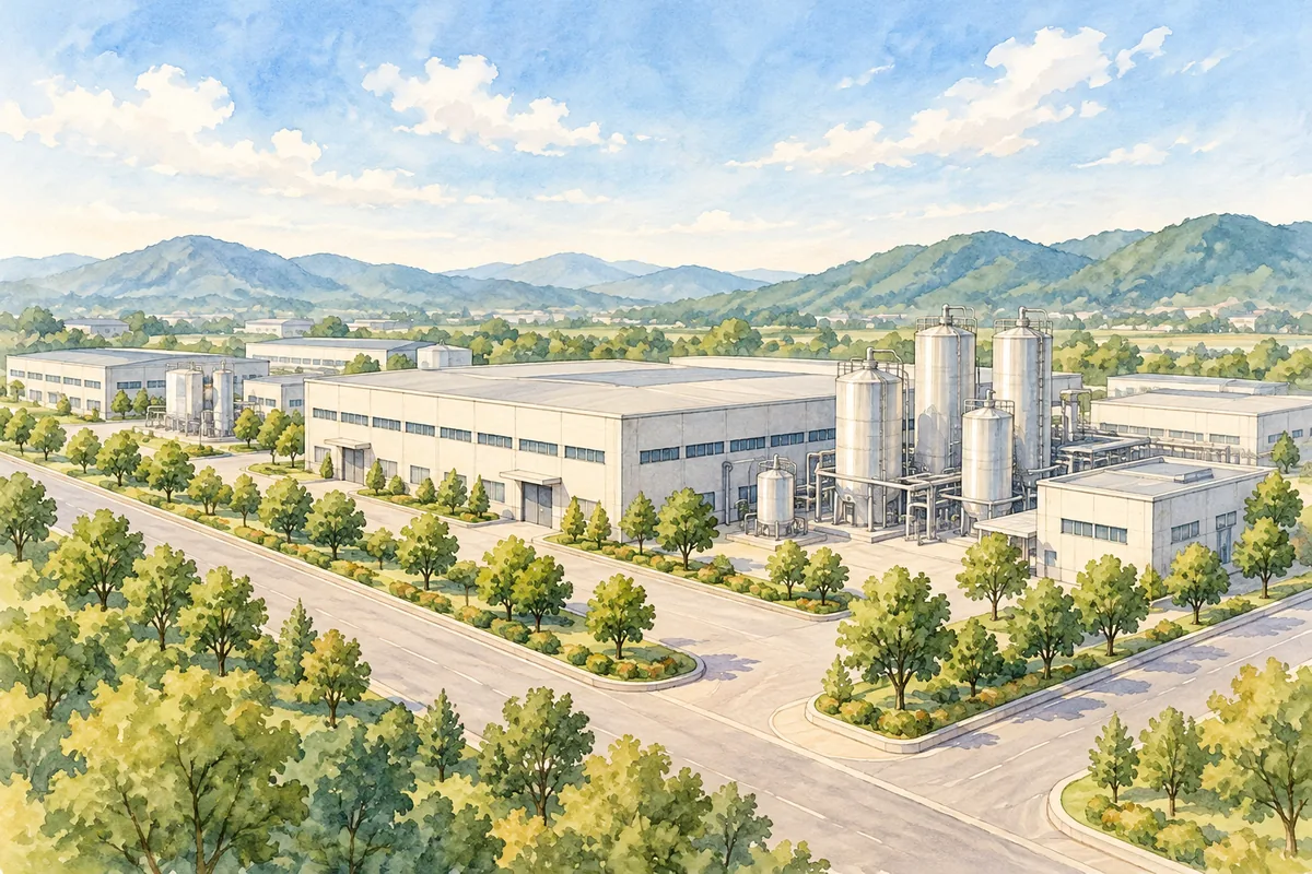 Illustrative watercolor of a generic industrial campus, not a specific case-study site