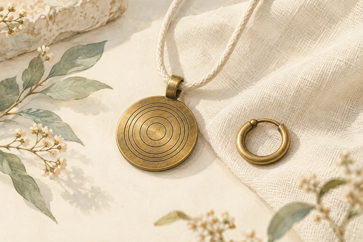 Circular brass amulet and hoop earring on ivory cloth