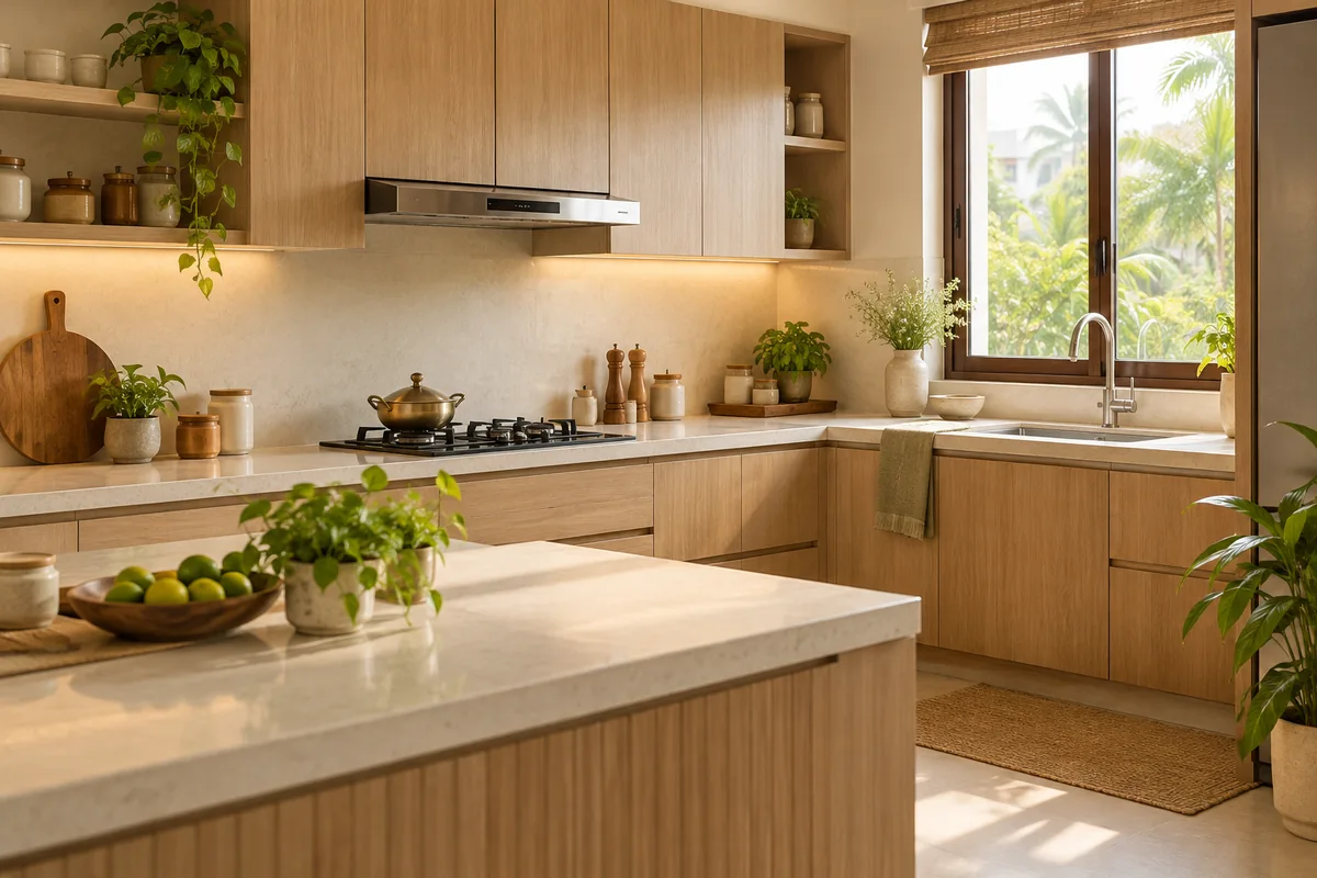 A light oak and ivory kitchen with an uncluttered counter and soft natural daylight.