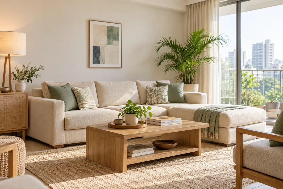 An airy living room with ivory seating, muted sage cushions and natural daylight.