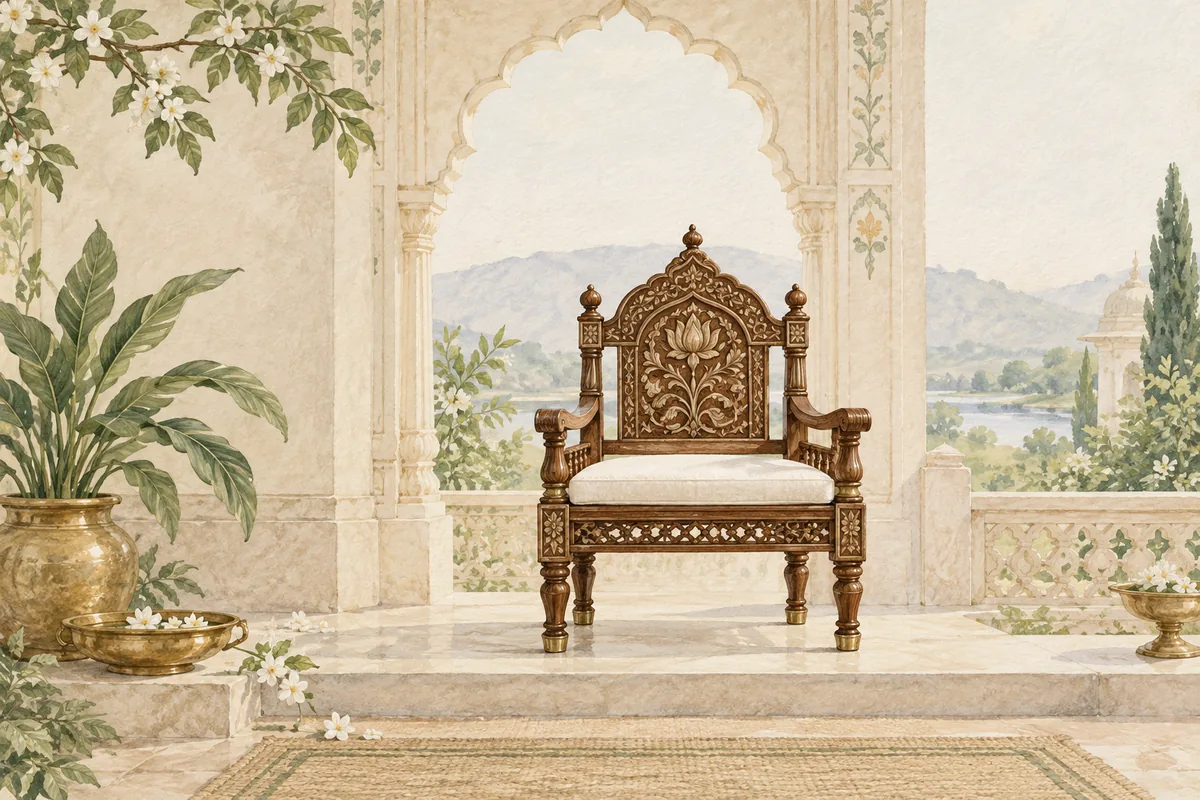 Traditional carved wooden ceremonial chair in a pale courtyard
