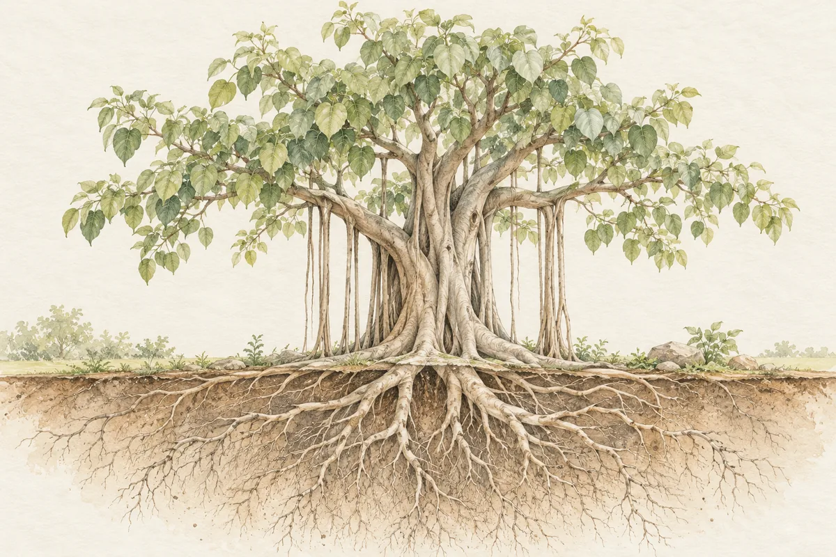 Watercolor banyan tree showing its branching root system