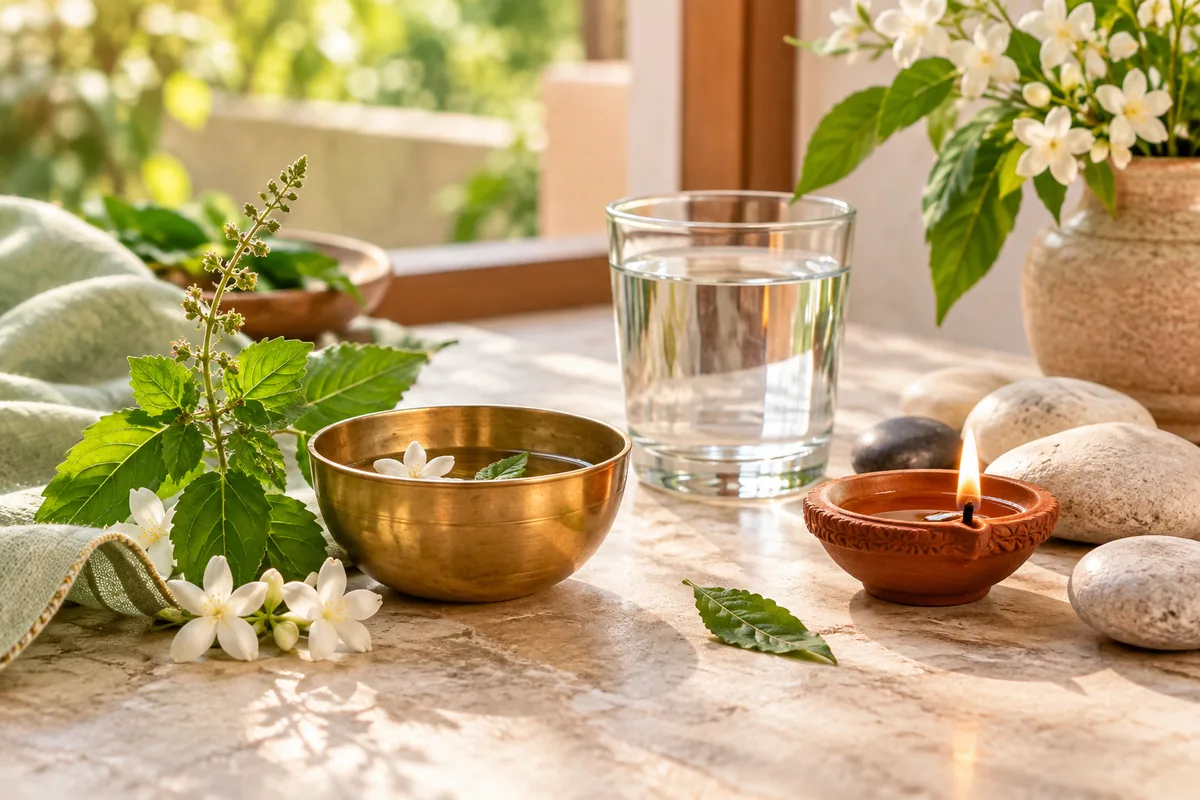 Water, herbs, flowers, stones and a small diya in soft daylight