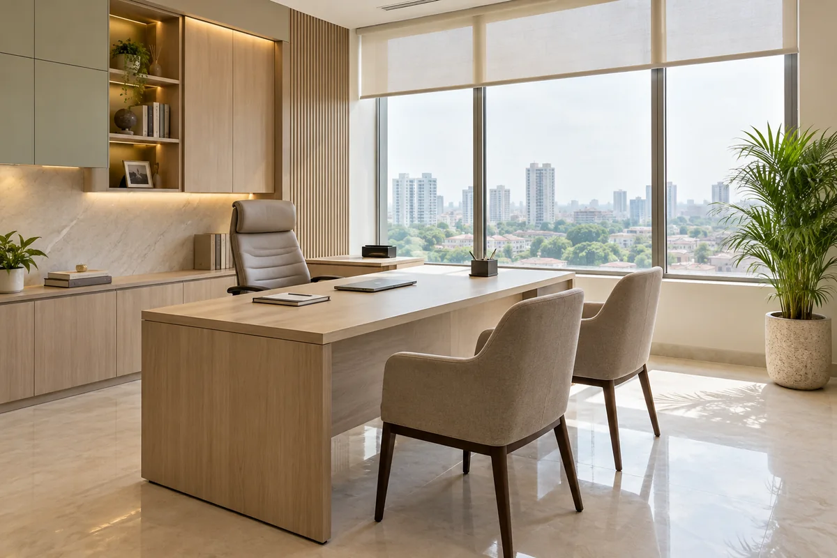A tidy office cabin with a pale wooden desk, guest chairs and soft daylight.