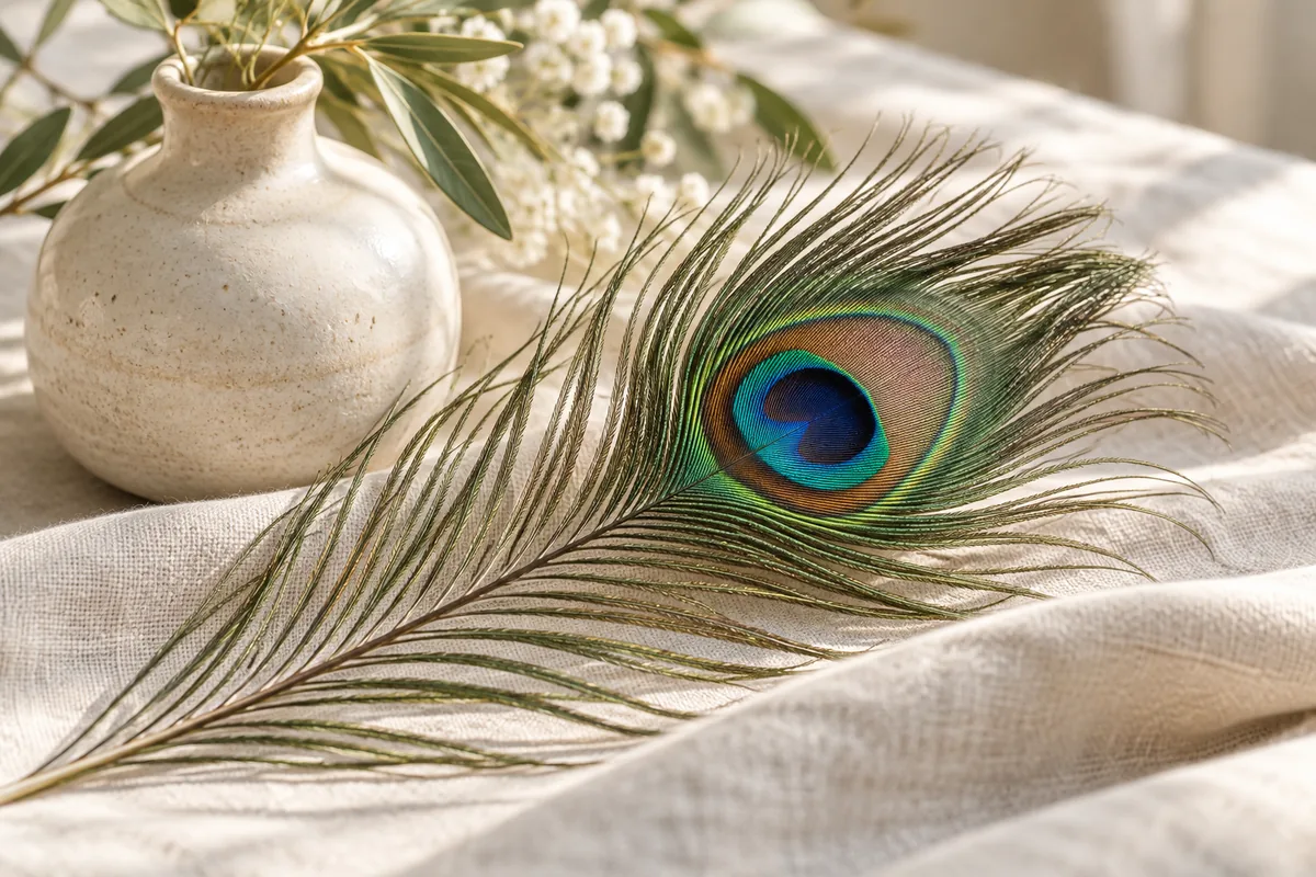 Peacock feather resting on pale linen