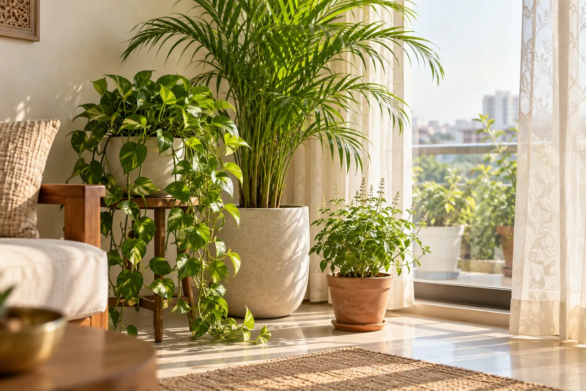 Healthy indoor plants in simple pots beside a bright apartment window.