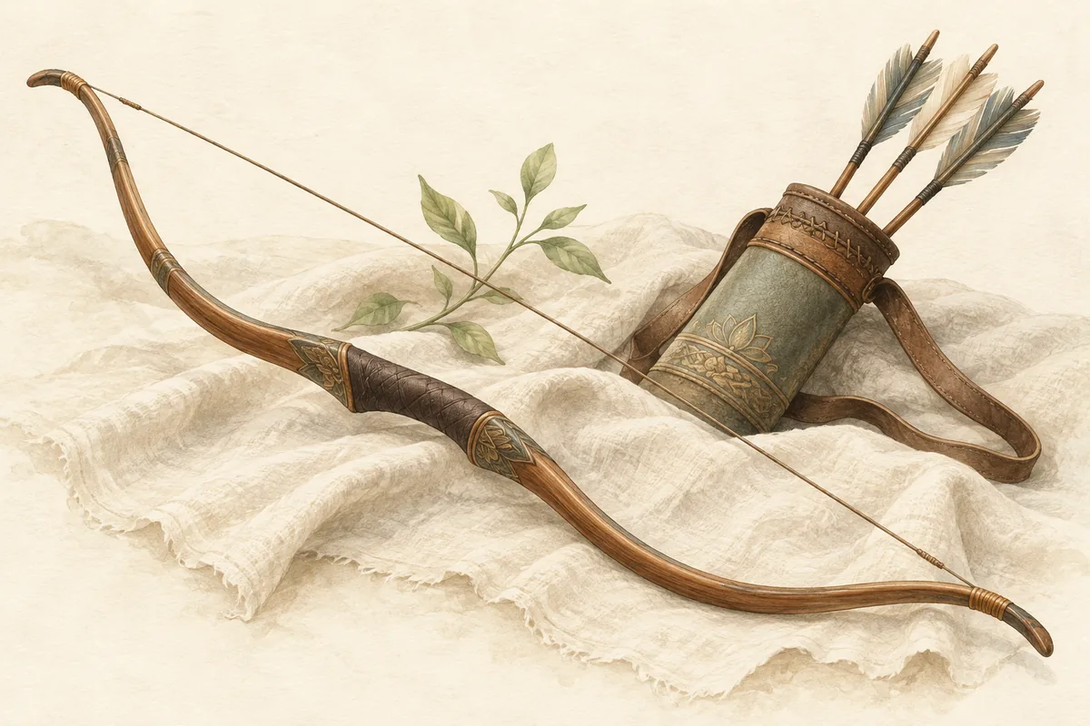 Traditional bow and quiver in a peaceful watercolor still life