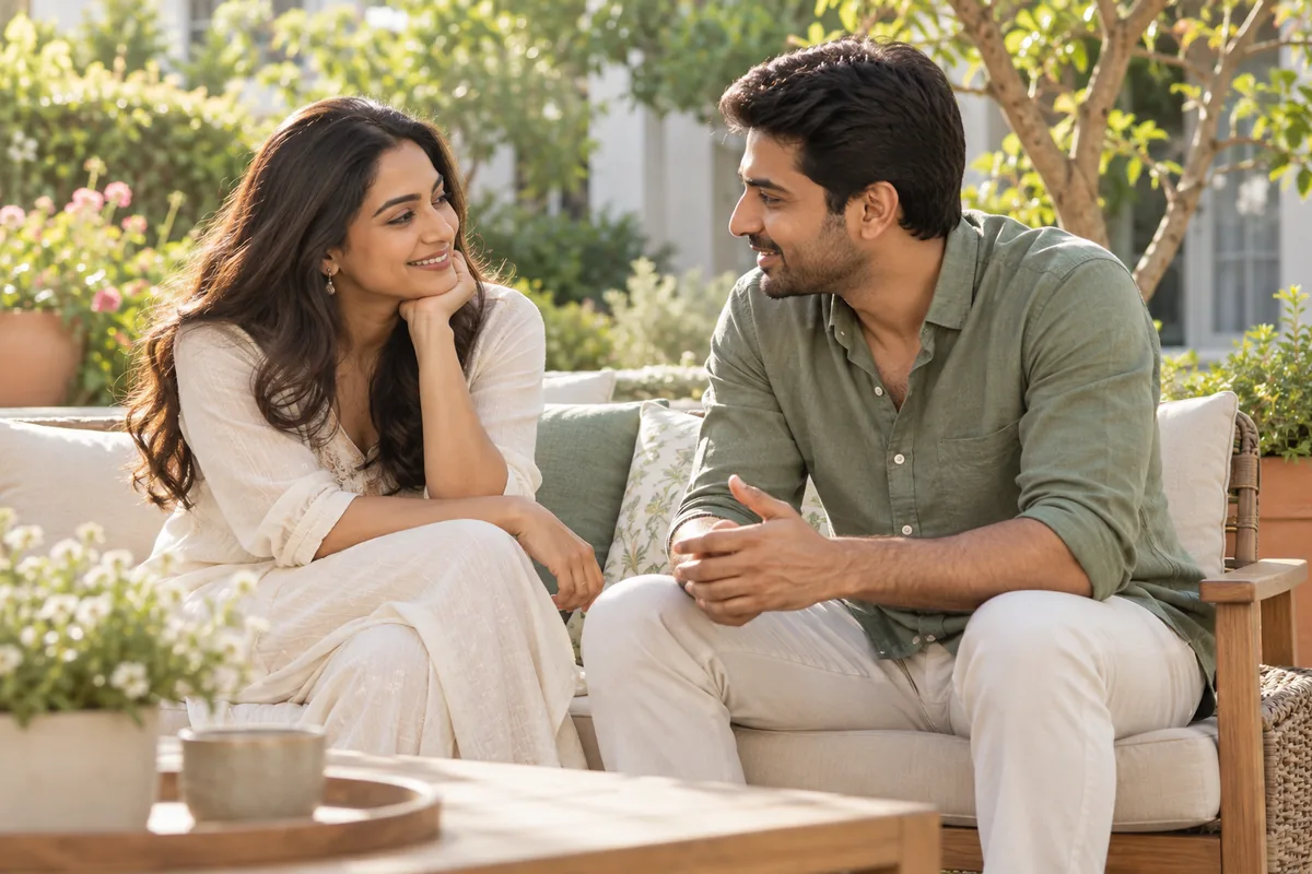 Indian couple having a quiet conversation in a sunlit garden