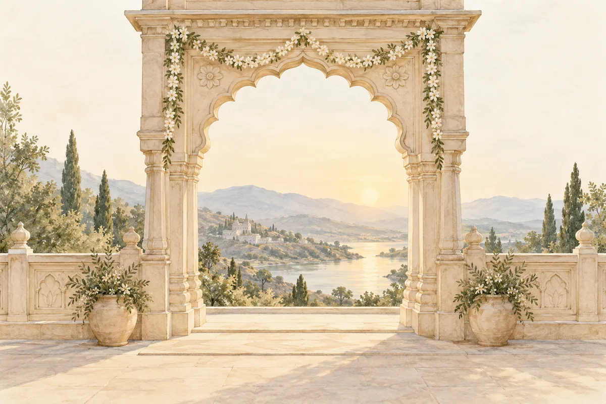 Pale sandstone ceremonial archway in watercolor